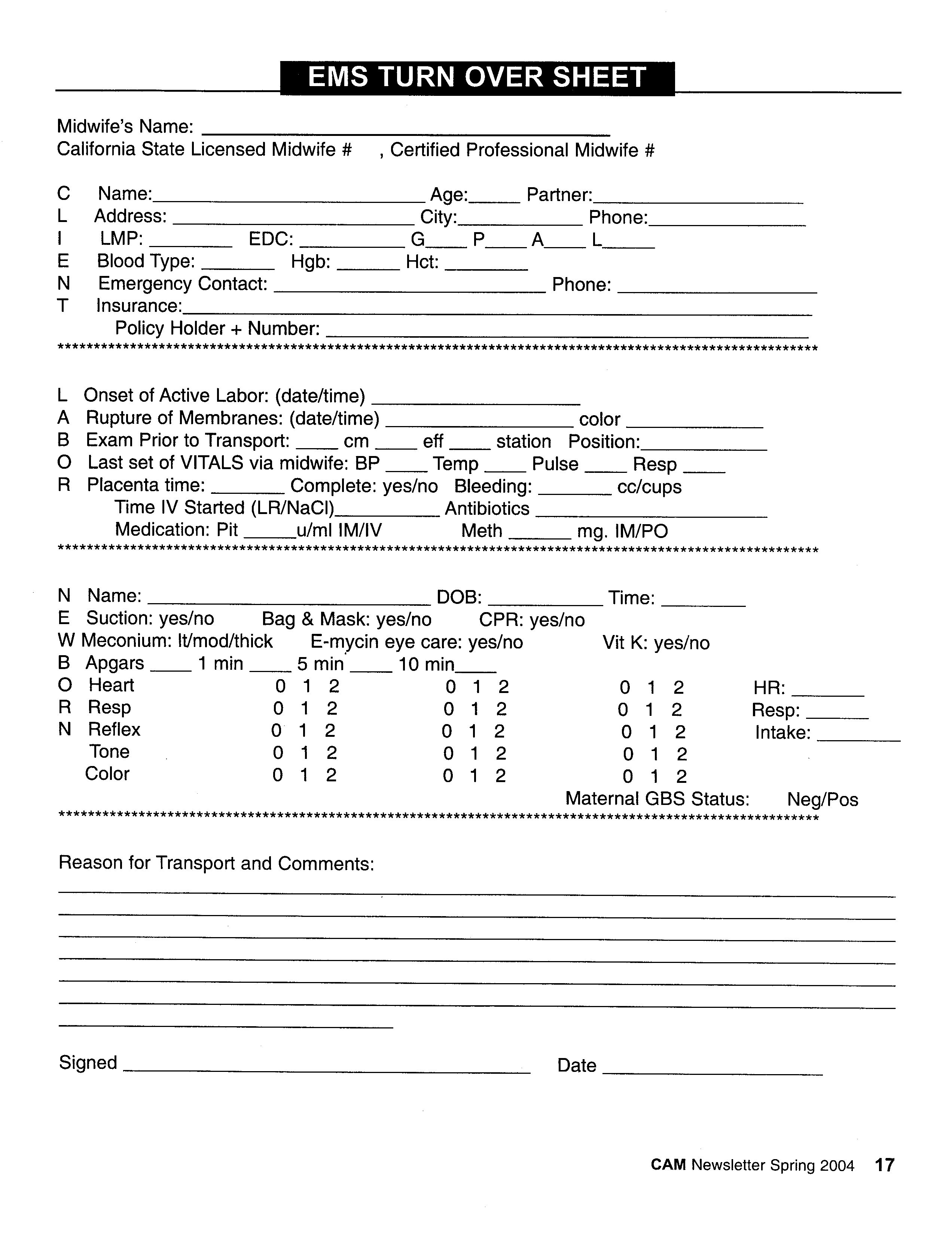 EMS Turn Over Sheet